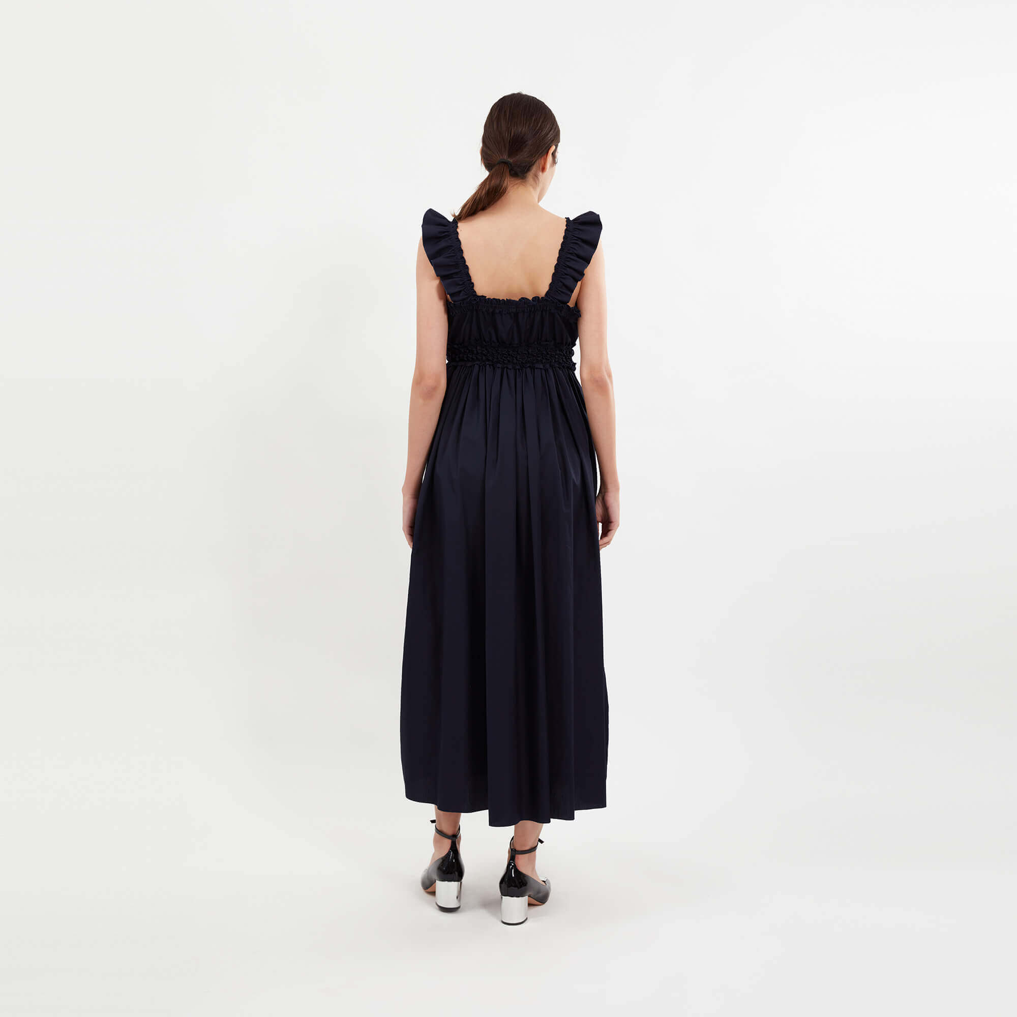 Chloe - Navy Cotton Ruffle Details Straped Ruched Dress